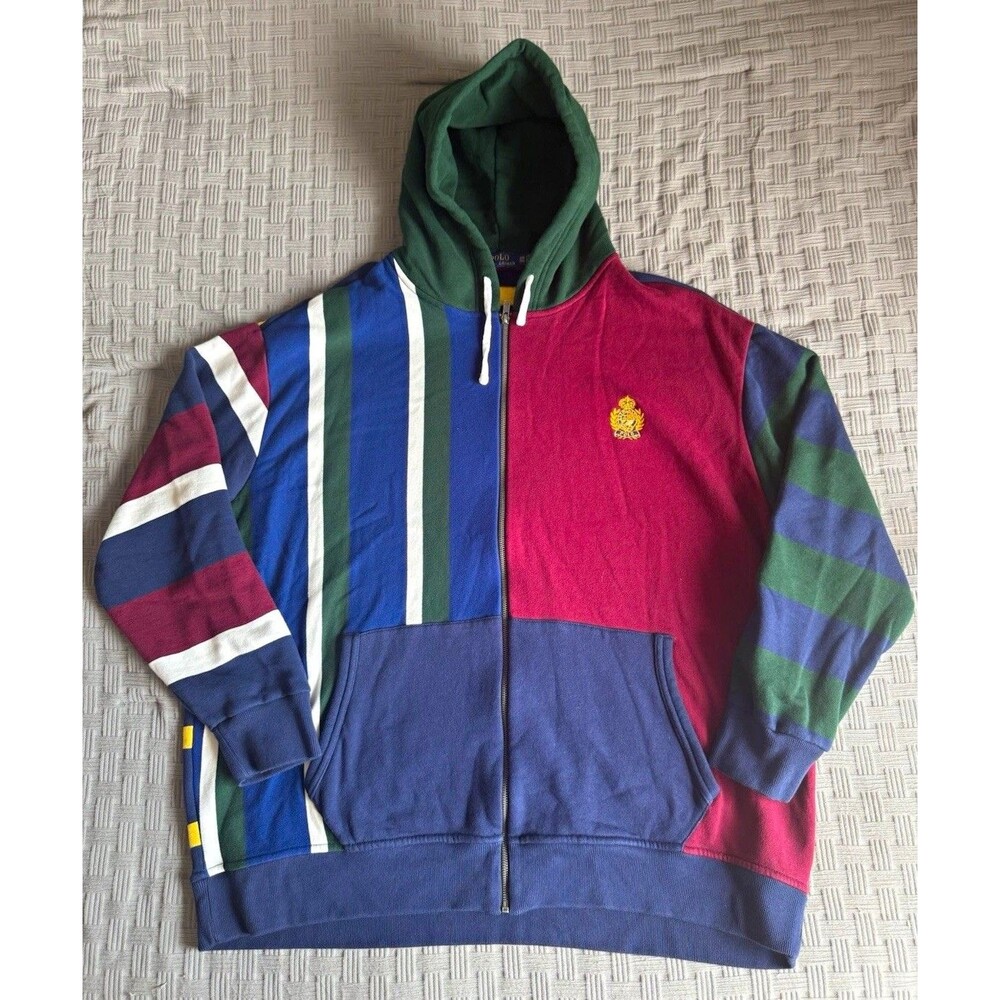 Polo Ralph Lauren Colorblock Stripe Zip Hoodie Mens 3XB Crest, RARE Size